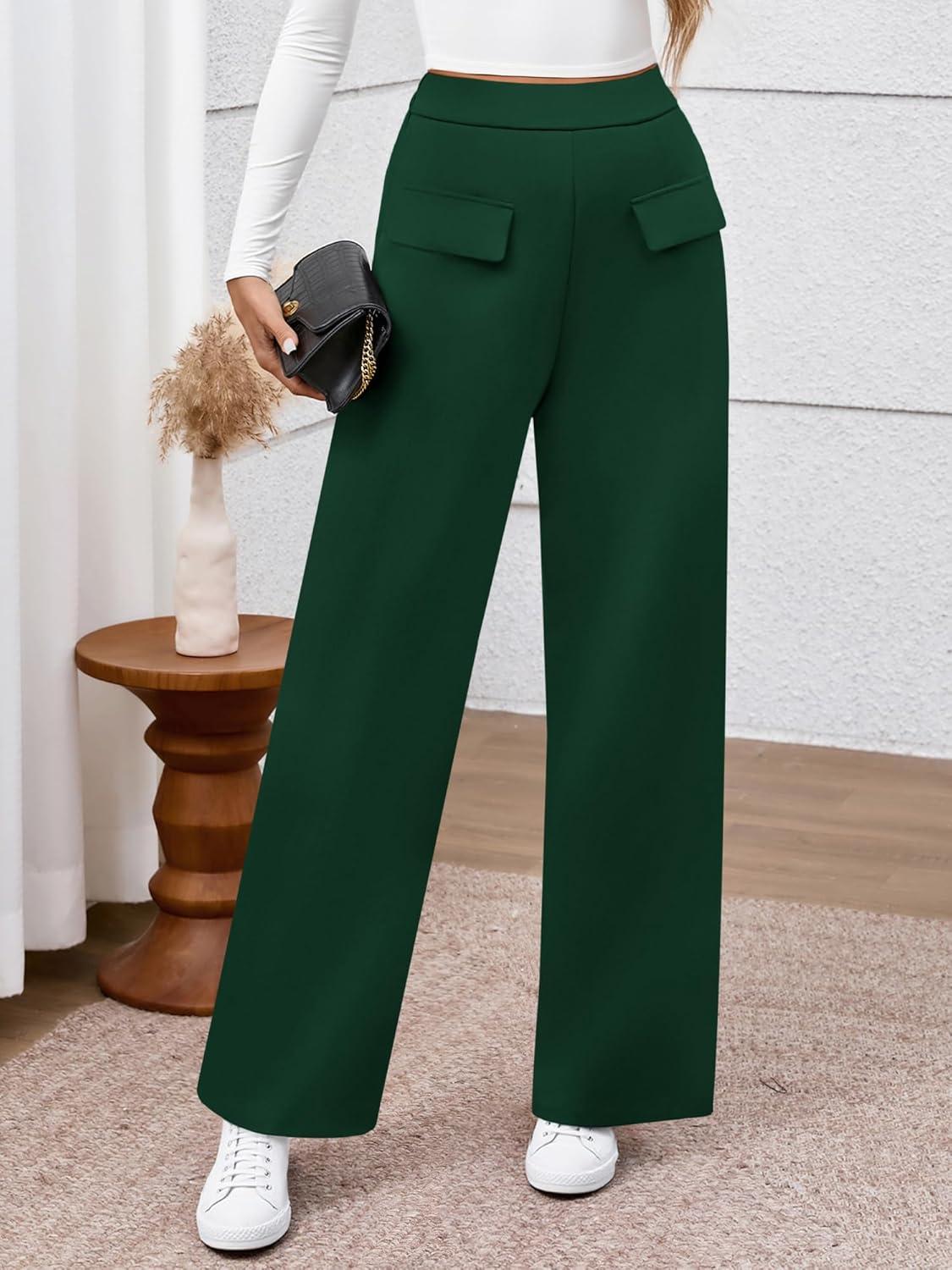 imageBTFBM Womens Pants 2025 Fall Elastic High Waisted Trousers Stretchy Comfy Lounge Palazzo Pant Wide Leg SweatpantsDark Green