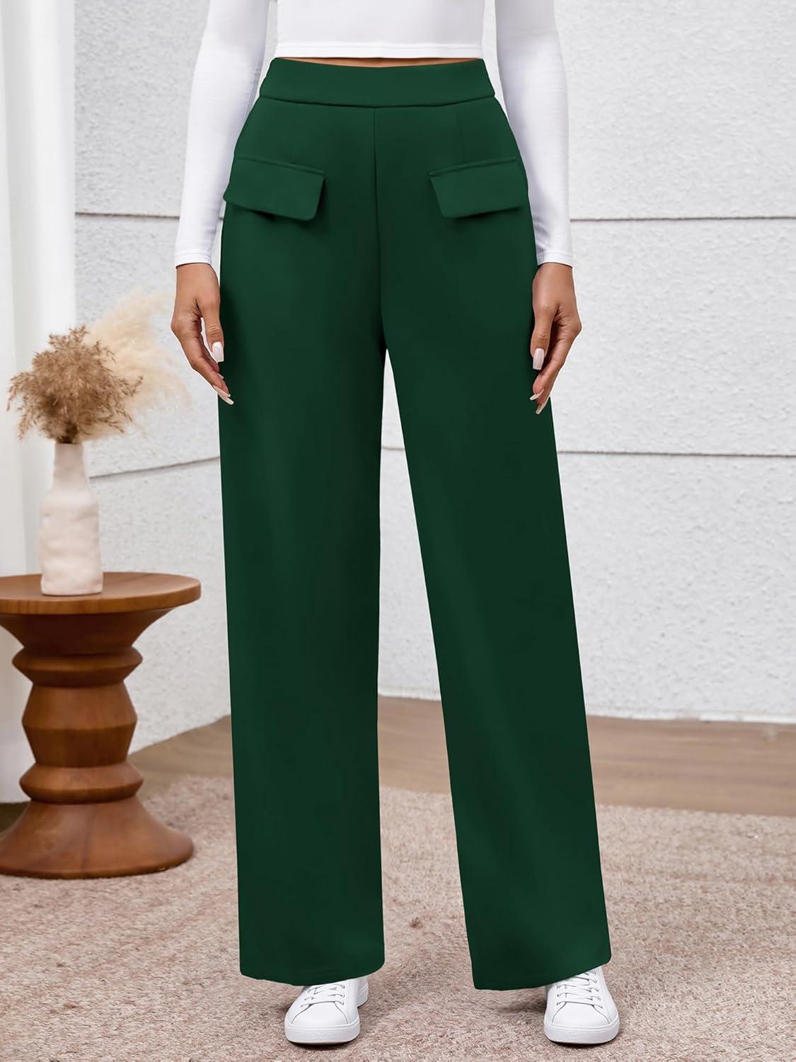 imageBTFBM Womens Pants 2025 Fall Elastic High Waisted Trousers Stretchy Comfy Lounge Palazzo Pant Wide Leg SweatpantsDark Green