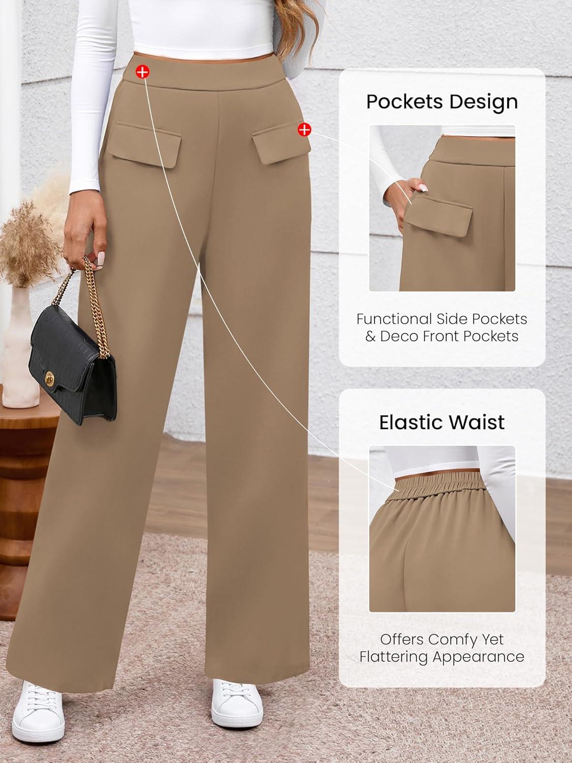 imageBTFBM Womens Pants 2025 Fall Elastic High Waisted Trousers Stretchy Comfy Lounge Palazzo Pant Wide Leg SweatpantsKhaki