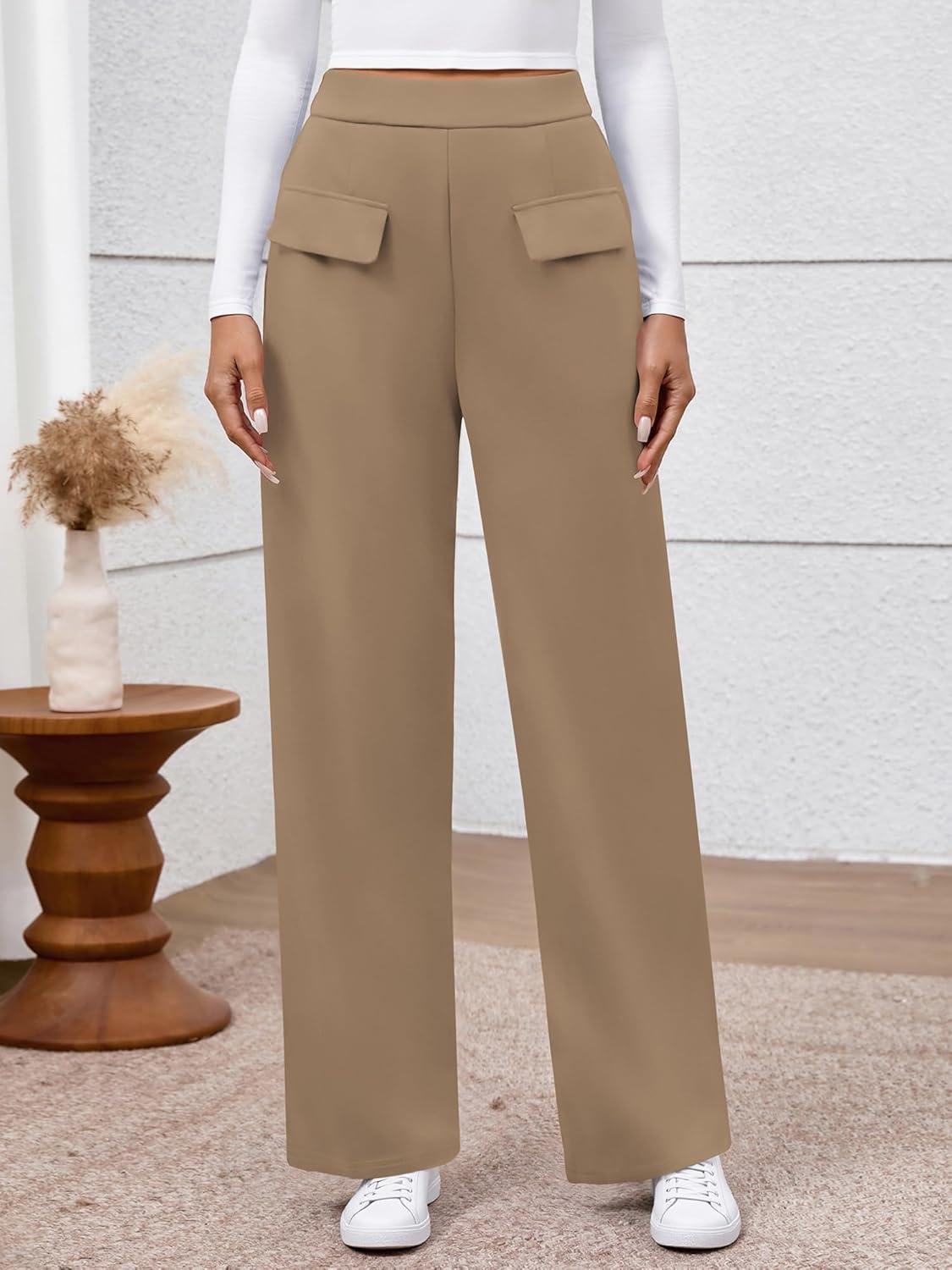 imageBTFBM Womens Pants 2025 Fall Elastic High Waisted Trousers Stretchy Comfy Lounge Palazzo Pant Wide Leg SweatpantsKhaki