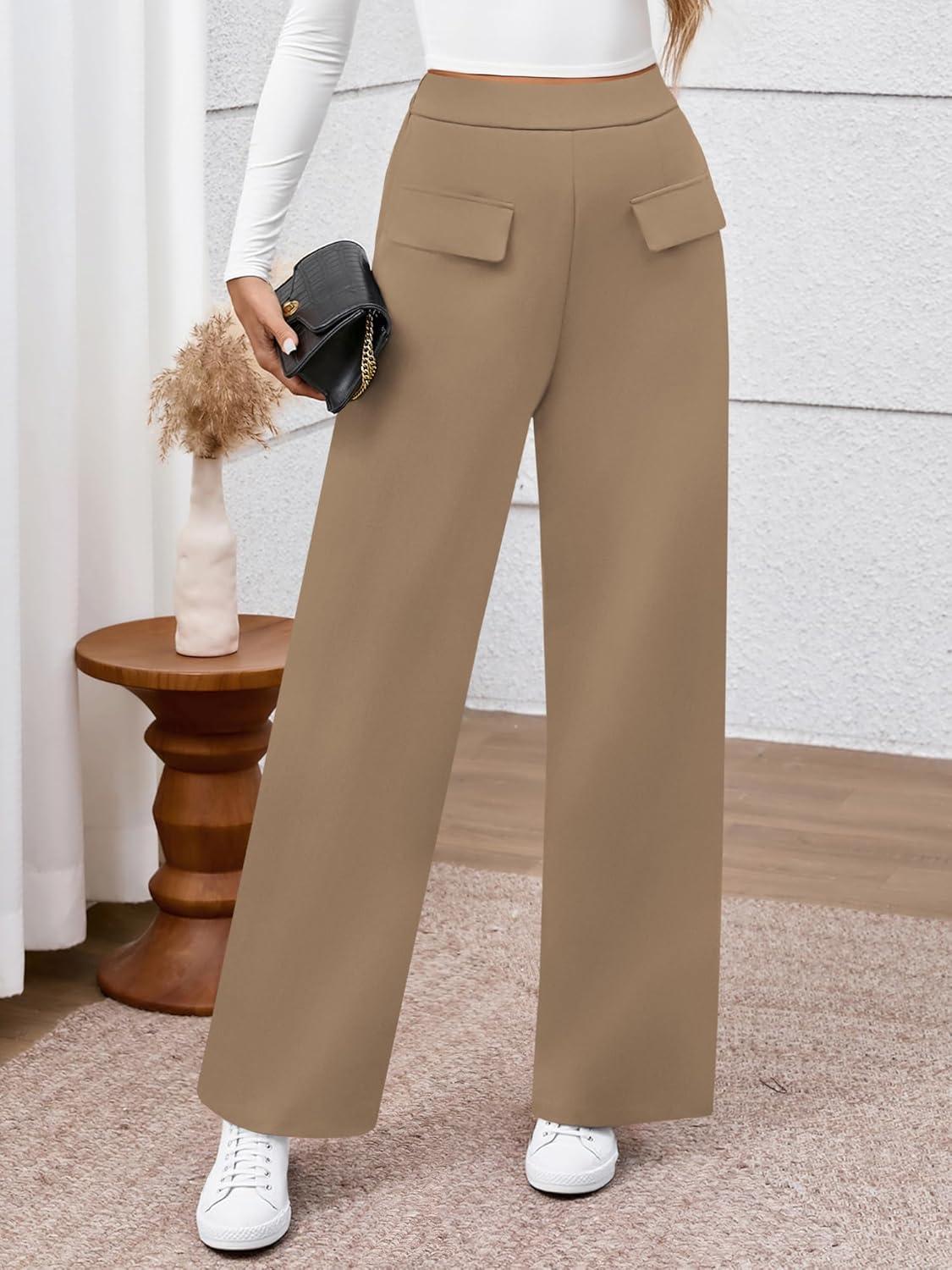 imageBTFBM Womens Pants 2025 Fall Elastic High Waisted Trousers Stretchy Comfy Lounge Palazzo Pant Wide Leg SweatpantsKhaki