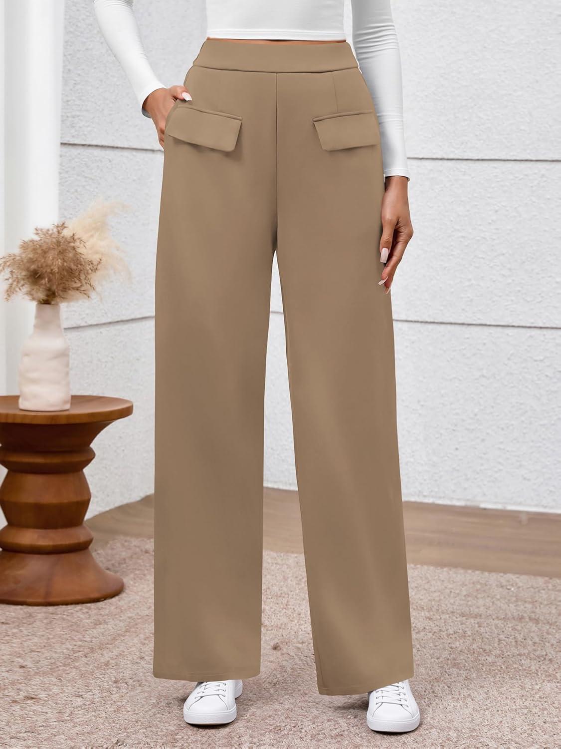 imageBTFBM Womens Pants 2025 Fall Elastic High Waisted Trousers Stretchy Comfy Lounge Palazzo Pant Wide Leg SweatpantsKhaki