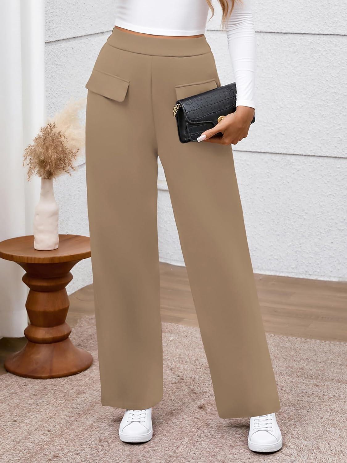 imageBTFBM Womens Pants 2025 Fall Elastic High Waisted Trousers Stretchy Comfy Lounge Palazzo Pant Wide Leg SweatpantsKhaki