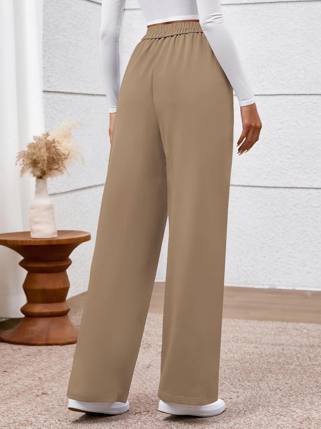 imageBTFBM Womens Pants 2025 Fall Elastic High Waisted Trousers Stretchy Comfy Lounge Palazzo Pant Wide Leg SweatpantsKhaki