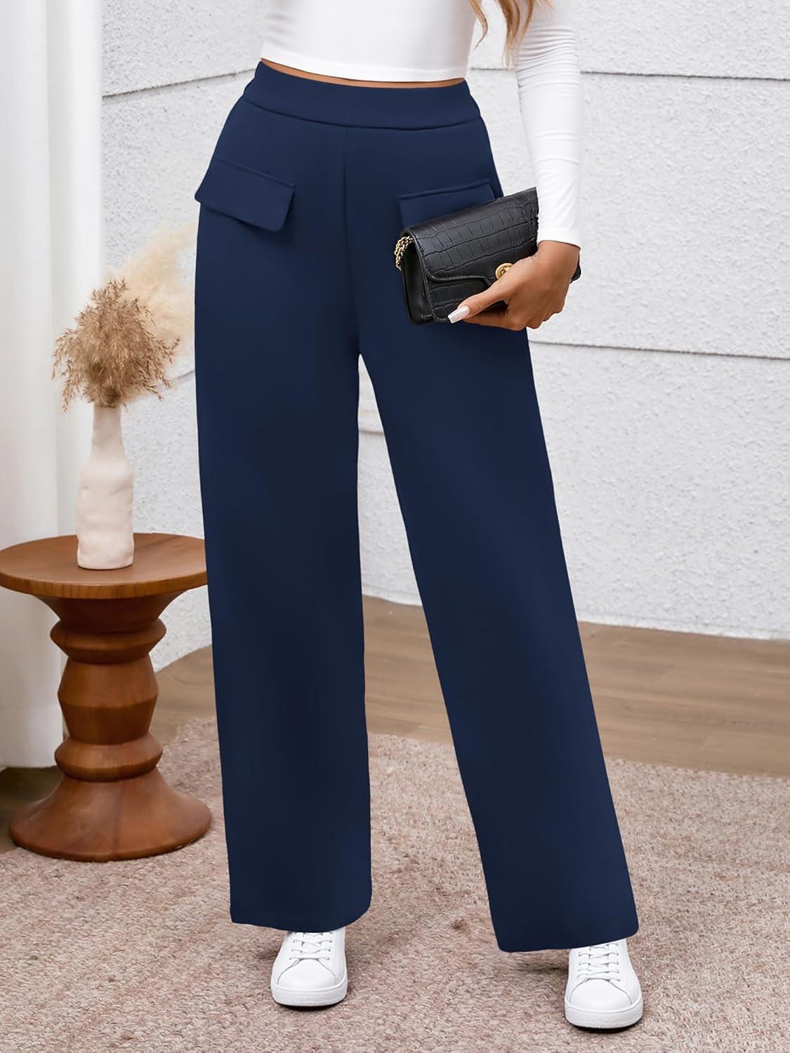 imageBTFBM Womens Pants 2025 Fall Elastic High Waisted Trousers Stretchy Comfy Lounge Palazzo Pant Wide Leg SweatpantsNavy Blue