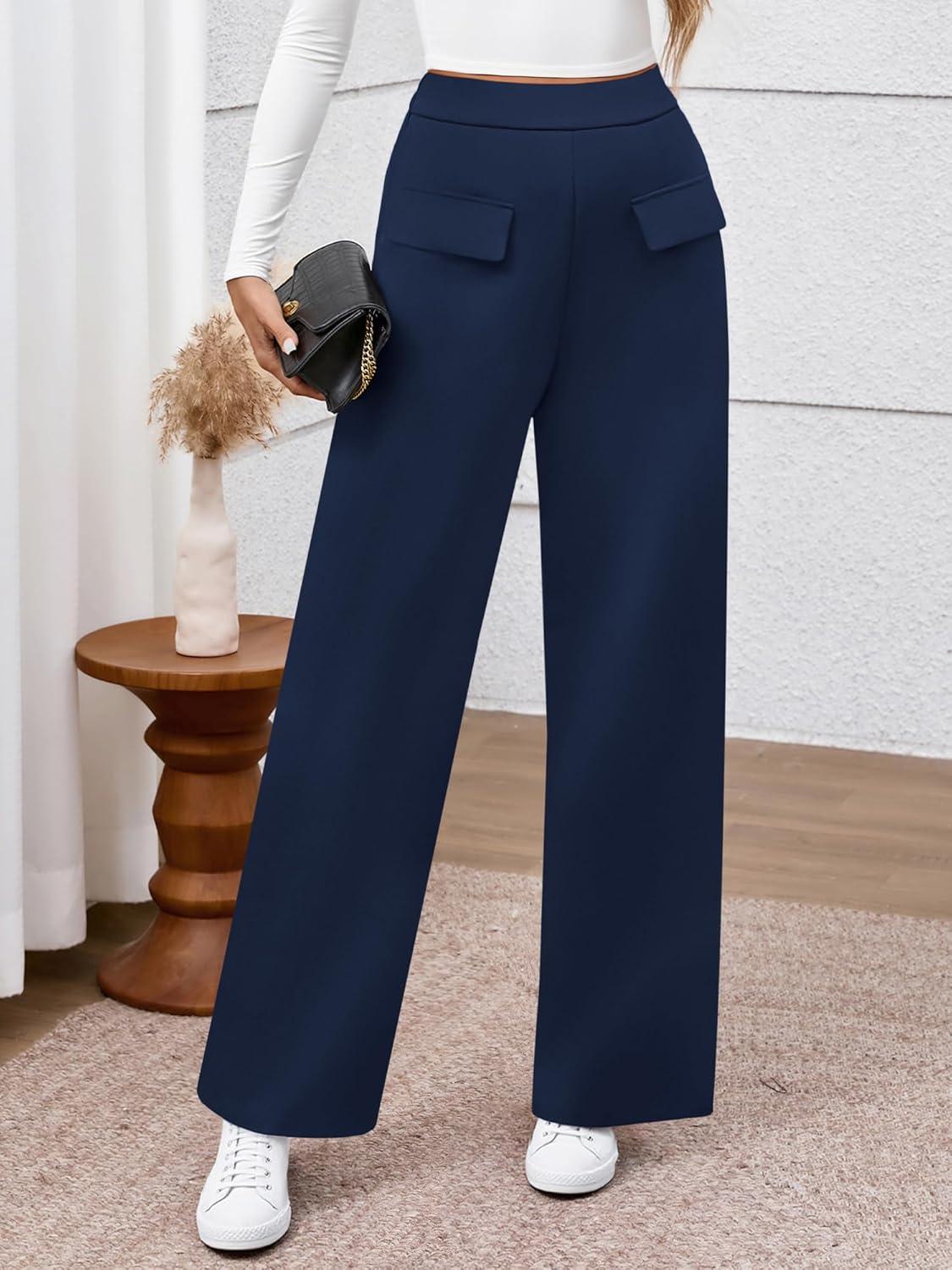 imageBTFBM Womens Pants 2025 Fall Elastic High Waisted Trousers Stretchy Comfy Lounge Palazzo Pant Wide Leg SweatpantsNavy Blue