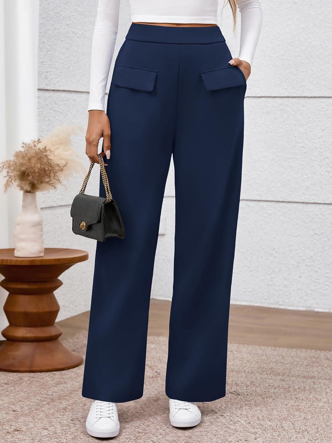 imageBTFBM Womens Pants 2025 Fall Elastic High Waisted Trousers Stretchy Comfy Lounge Palazzo Pant Wide Leg SweatpantsNavy Blue