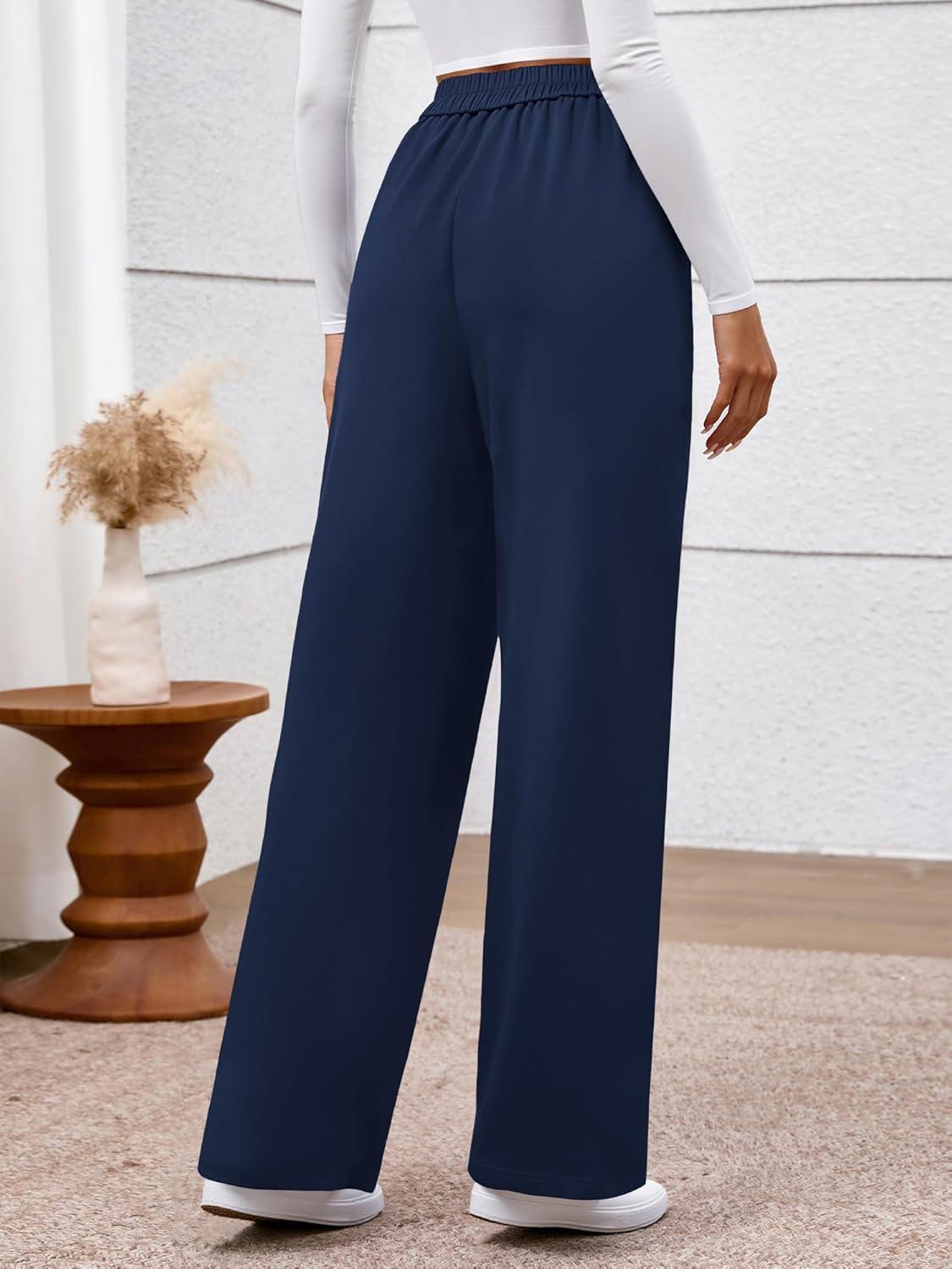 imageBTFBM Womens Pants 2025 Fall Elastic High Waisted Trousers Stretchy Comfy Lounge Palazzo Pant Wide Leg SweatpantsNavy Blue