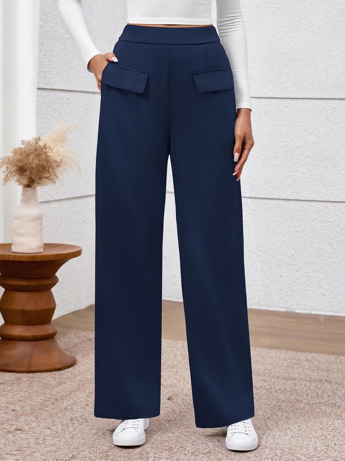 imageBTFBM Womens Pants 2025 Fall Elastic High Waisted Trousers Stretchy Comfy Lounge Palazzo Pant Wide Leg SweatpantsNavy Blue