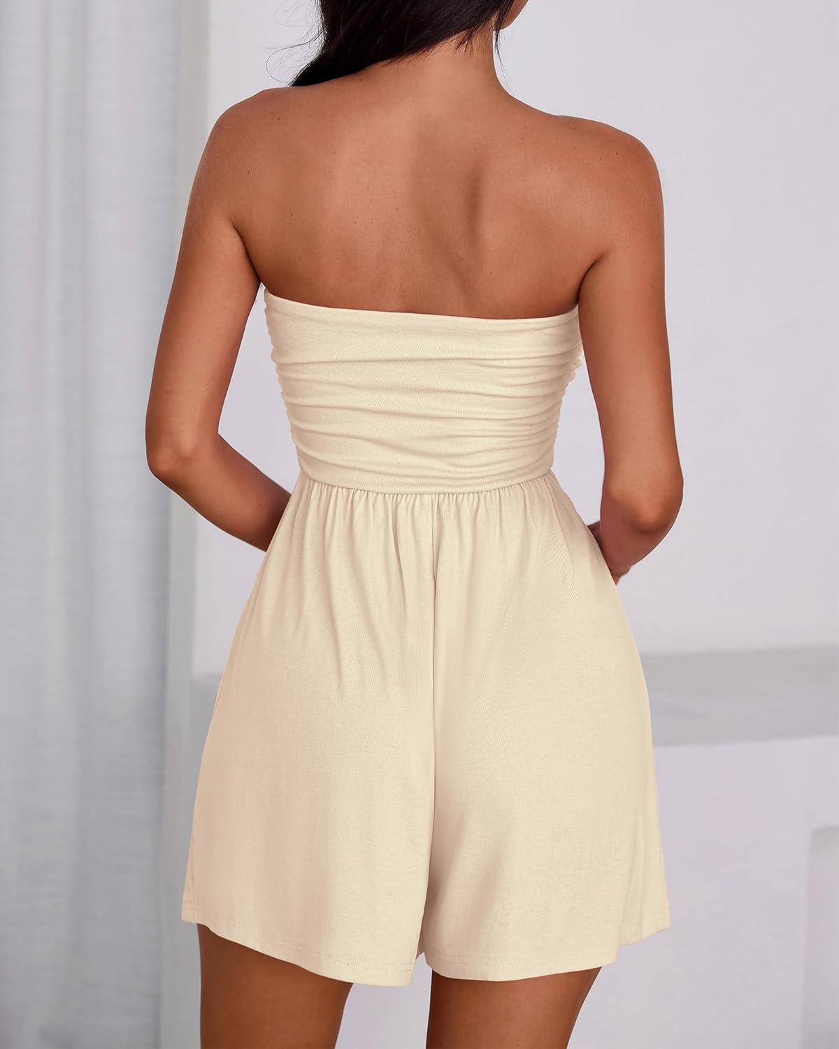 imageBTFBM Womens Romper 2026 Spring Summer Strapless Tube Tops Beach Vacation Clothes Boho Loose Shorts Jumpsuits PocketsApricot