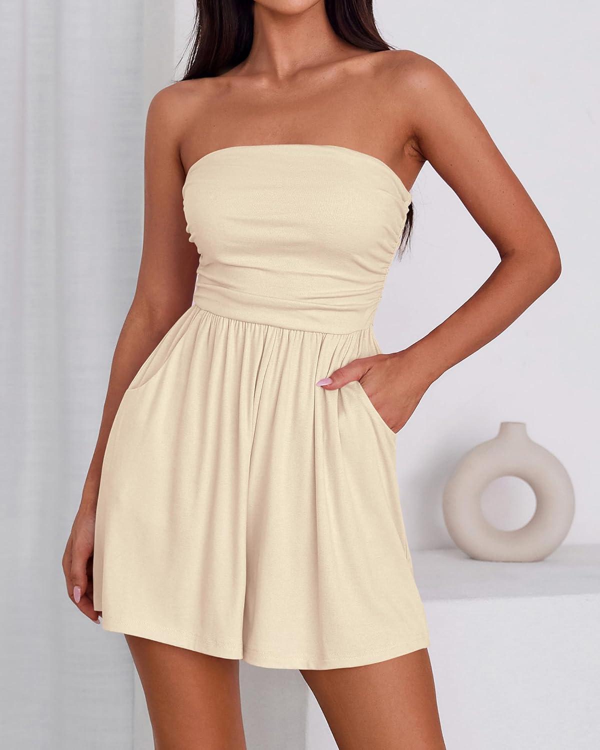 imageBTFBM Womens Romper 2026 Spring Summer Strapless Tube Tops Beach Vacation Clothes Boho Loose Shorts Jumpsuits PocketsApricot