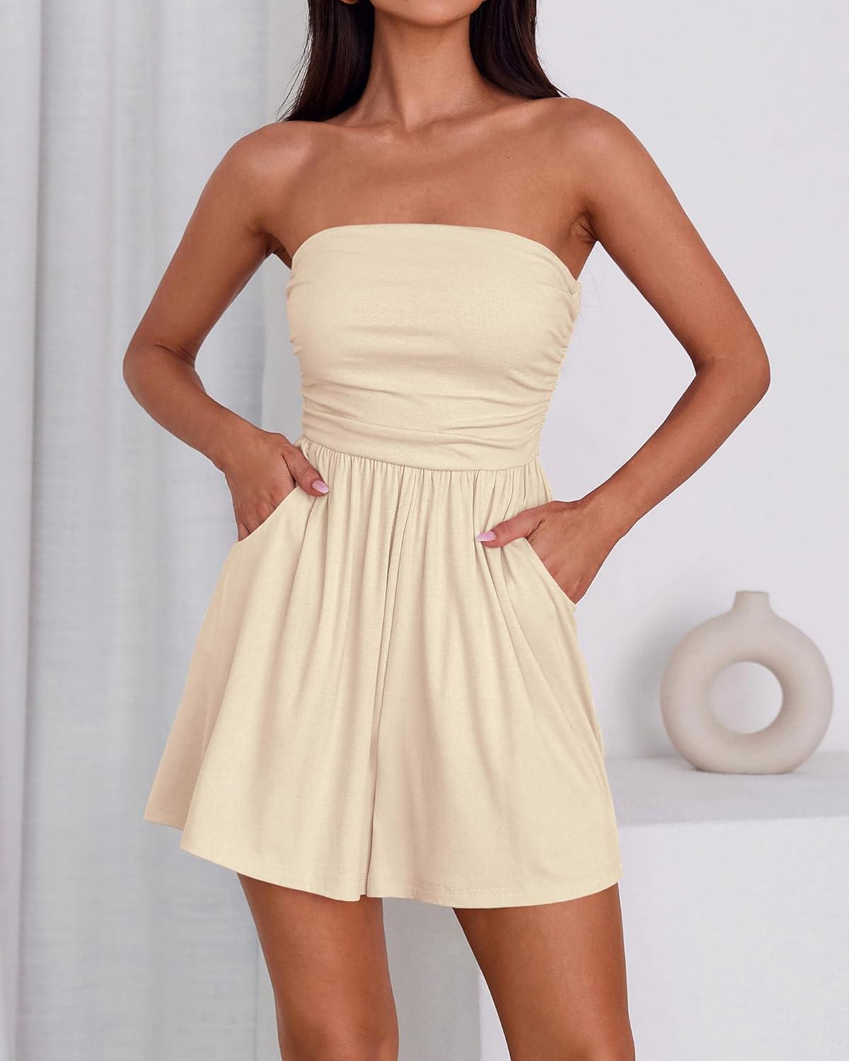 imageBTFBM Womens Romper 2026 Spring Summer Strapless Tube Tops Beach Vacation Clothes Boho Loose Shorts Jumpsuits PocketsApricot