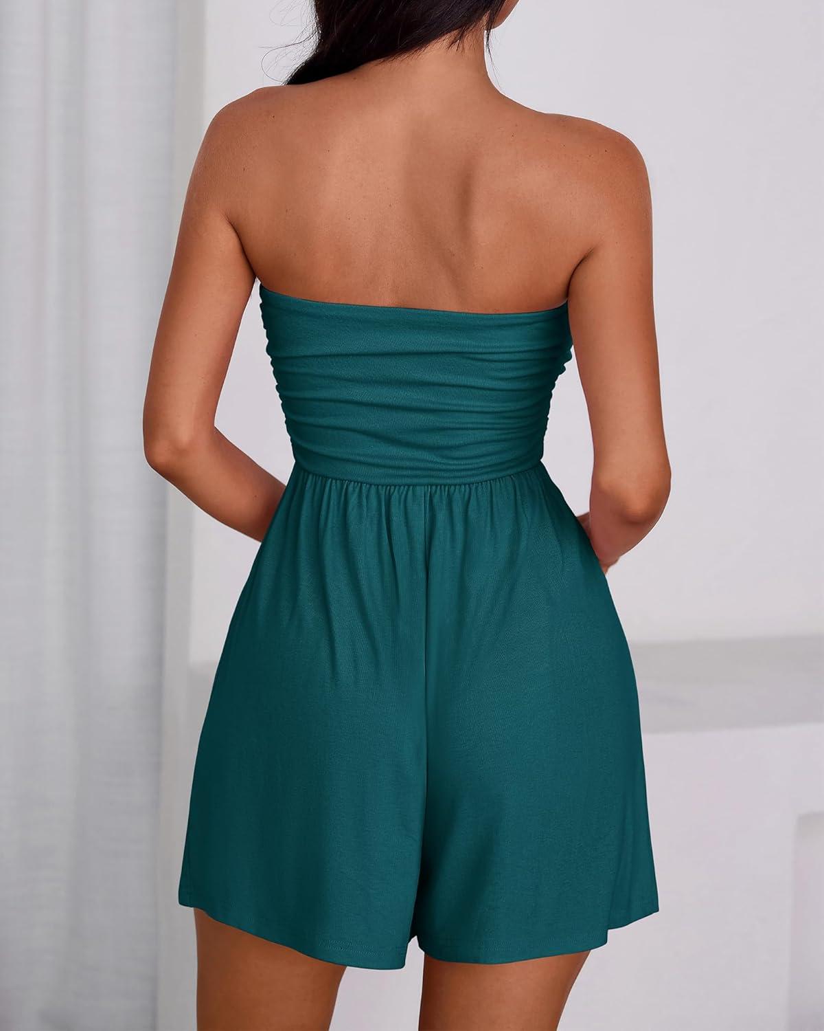 imageBTFBM Womens Romper 2026 Spring Summer Strapless Tube Tops Beach Vacation Clothes Boho Loose Shorts Jumpsuits PocketsBlue Green