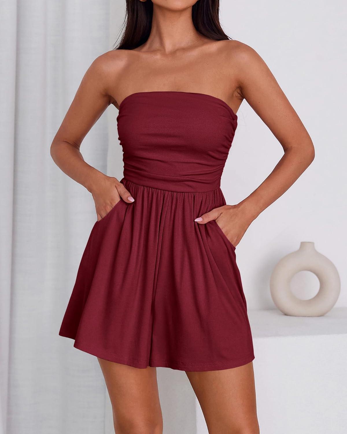 imageBTFBM Womens Romper 2026 Spring Summer Strapless Tube Tops Beach Vacation Clothes Boho Loose Shorts Jumpsuits PocketsBurgundy