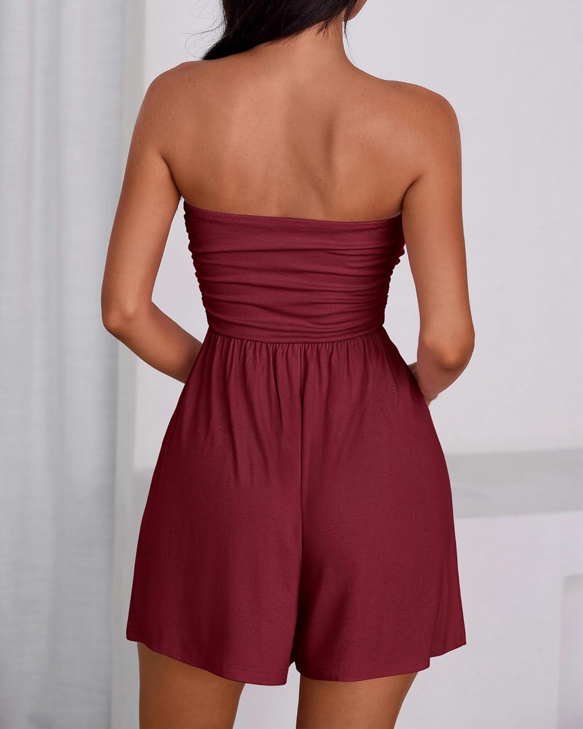 imageBTFBM Womens Romper 2026 Spring Summer Strapless Tube Tops Beach Vacation Clothes Boho Loose Shorts Jumpsuits PocketsBurgundy