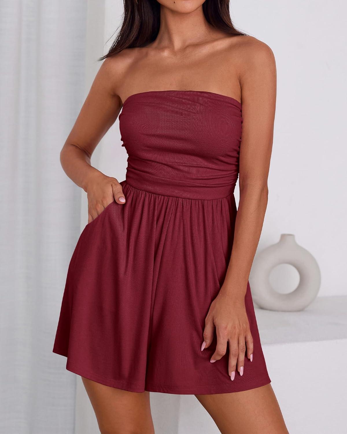 imageBTFBM Womens Romper 2026 Spring Summer Strapless Tube Tops Beach Vacation Clothes Boho Loose Shorts Jumpsuits PocketsBurgundy