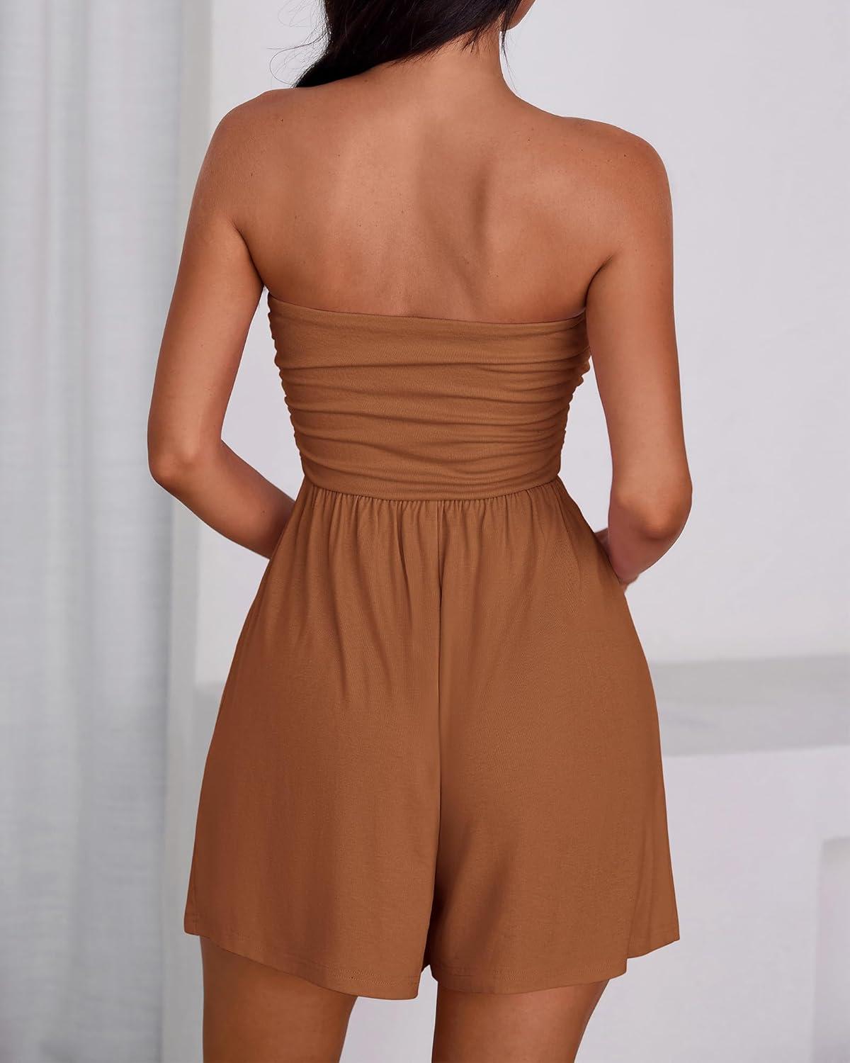 imageBTFBM Womens Romper 2026 Spring Summer Strapless Tube Tops Beach Vacation Clothes Boho Loose Shorts Jumpsuits PocketsCaramel