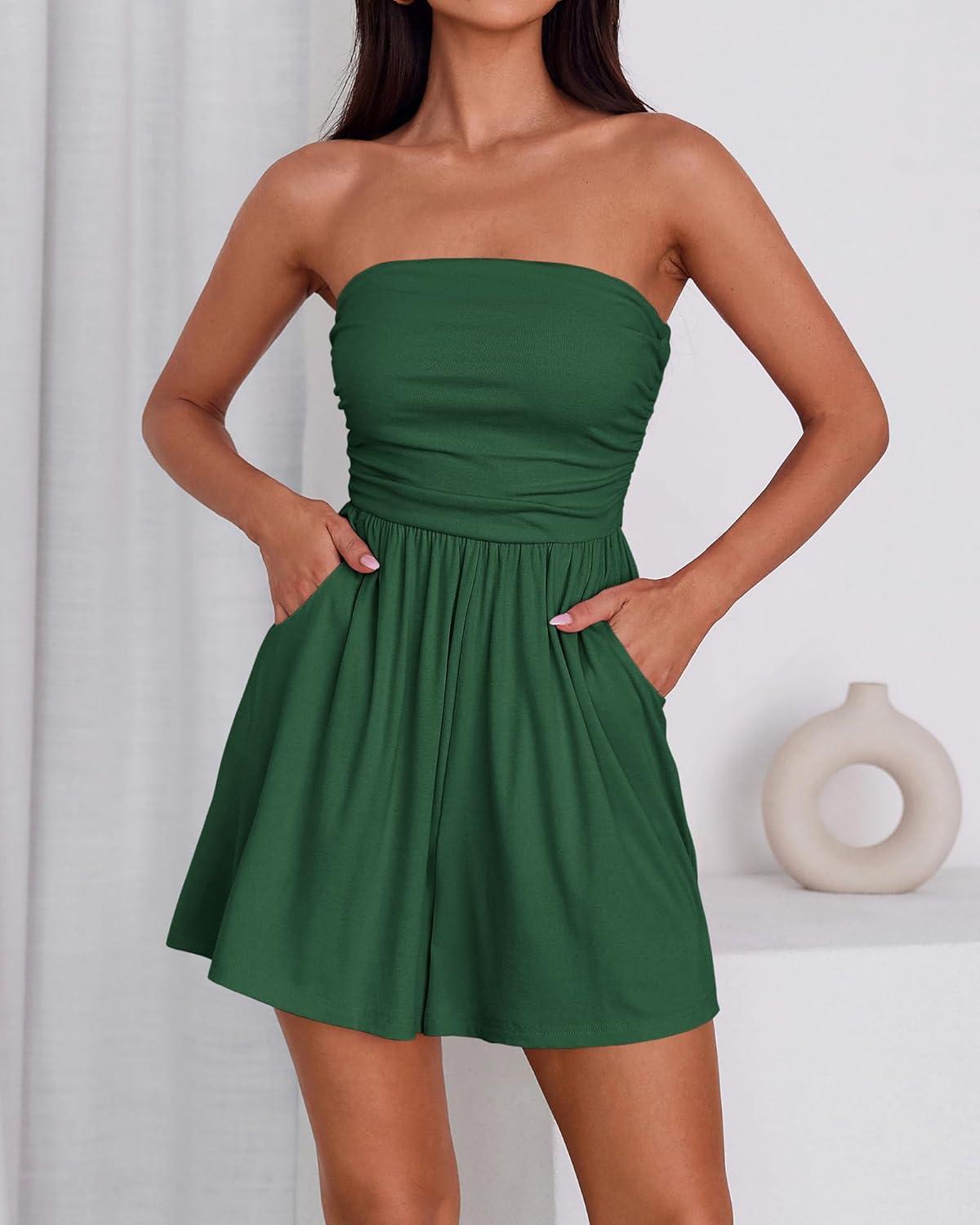 imageBTFBM Womens Romper 2026 Spring Summer Strapless Tube Tops Beach Vacation Clothes Boho Loose Shorts Jumpsuits PocketsGreen