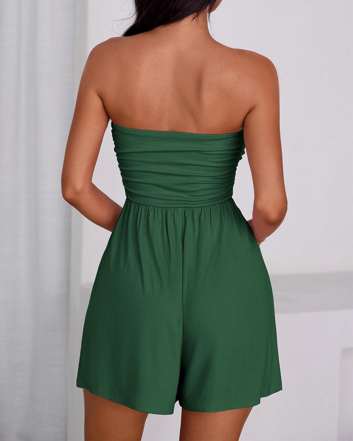 imageBTFBM Womens Romper 2026 Spring Summer Strapless Tube Tops Beach Vacation Clothes Boho Loose Shorts Jumpsuits PocketsGreen