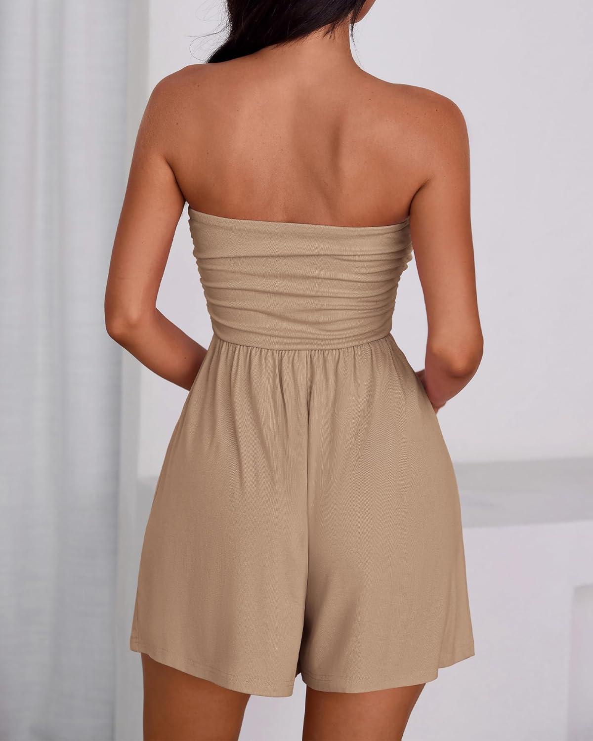 imageBTFBM Womens Romper 2026 Spring Summer Strapless Tube Tops Beach Vacation Clothes Boho Loose Shorts Jumpsuits PocketsKhaki