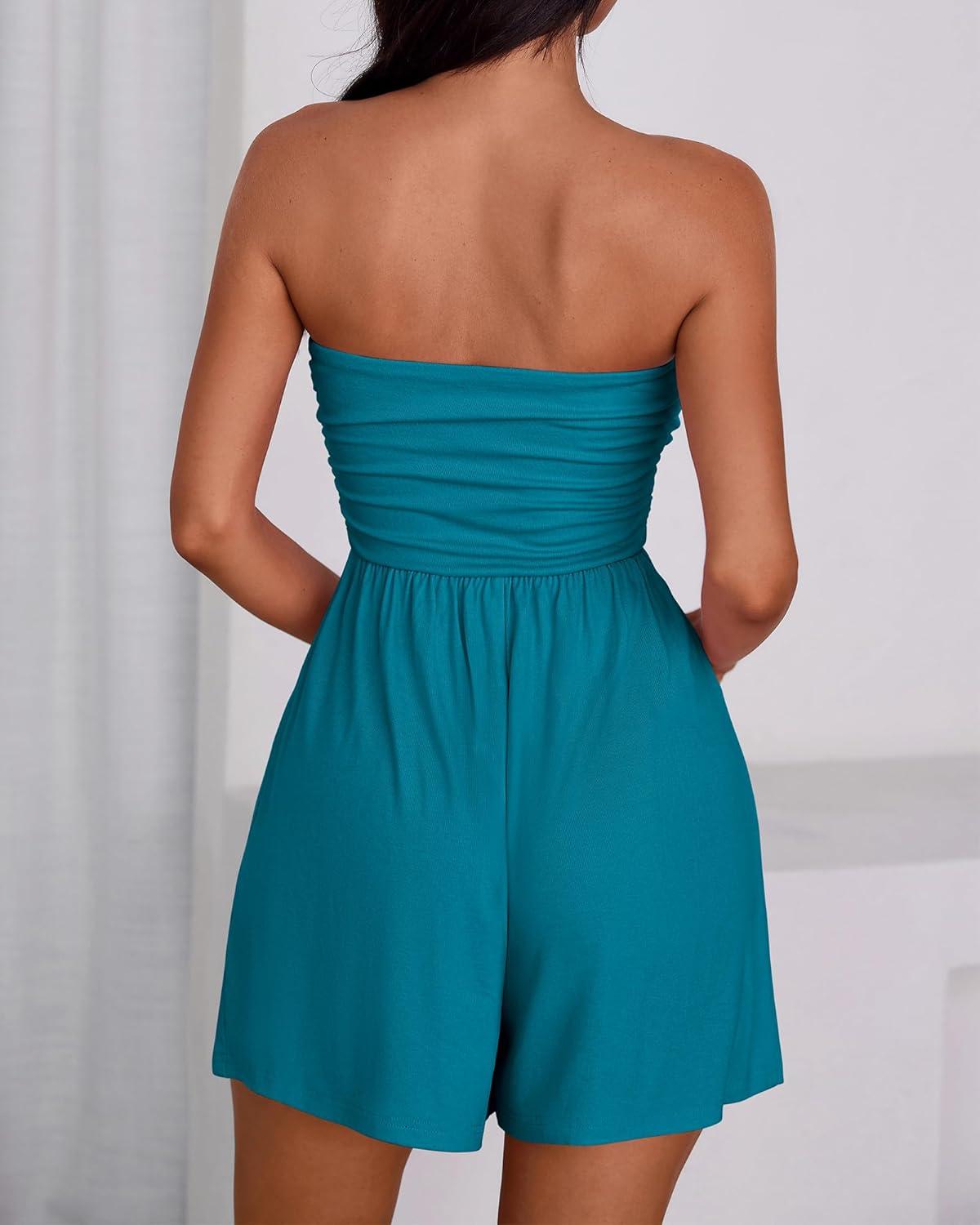 imageBTFBM Womens Romper 2026 Spring Summer Strapless Tube Tops Beach Vacation Clothes Boho Loose Shorts Jumpsuits PocketsLake Blue