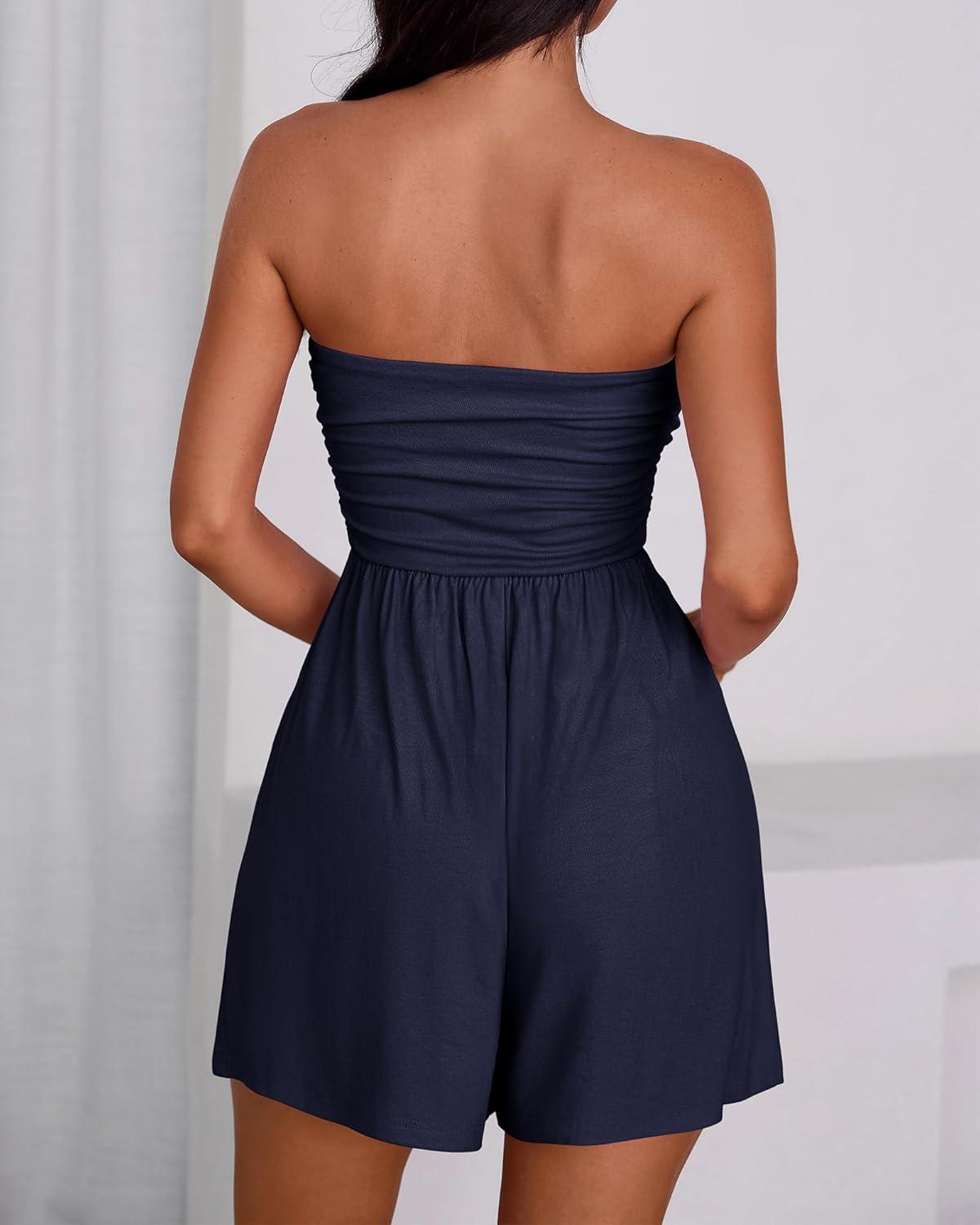imageBTFBM Womens Romper 2026 Spring Summer Strapless Tube Tops Beach Vacation Clothes Boho Loose Shorts Jumpsuits PocketsNavy Blue