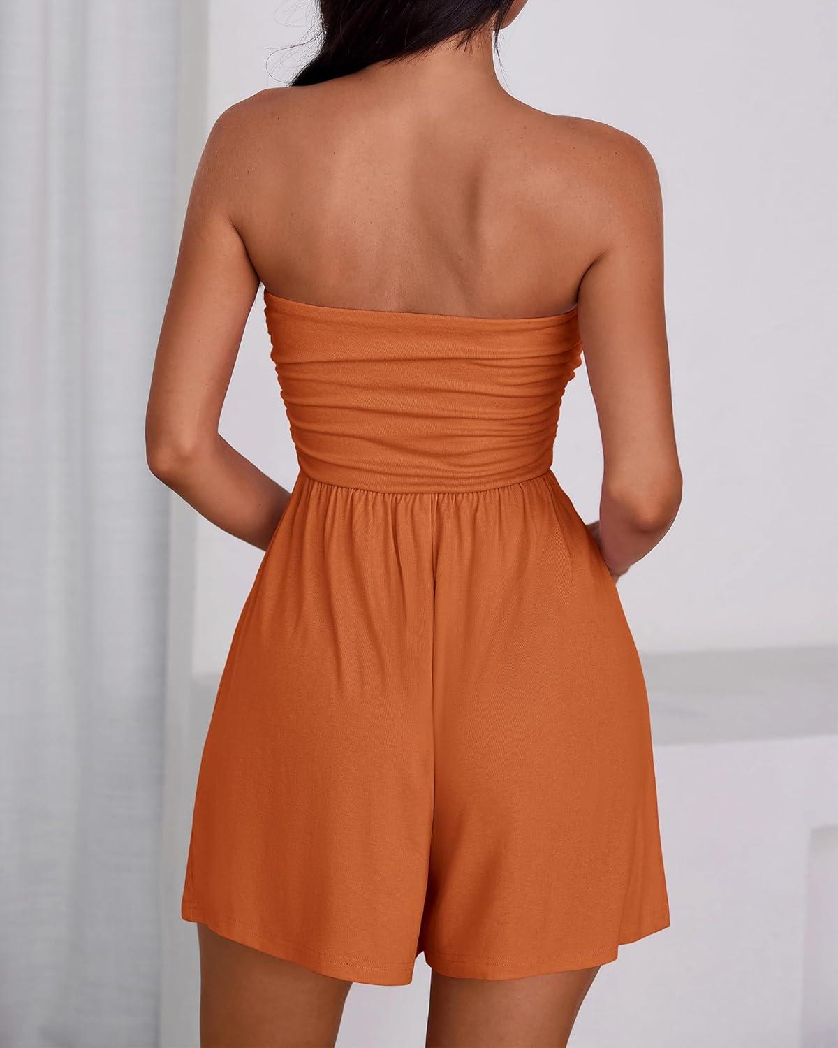 imageBTFBM Womens Romper 2026 Spring Summer Strapless Tube Tops Beach Vacation Clothes Boho Loose Shorts Jumpsuits PocketsOrange