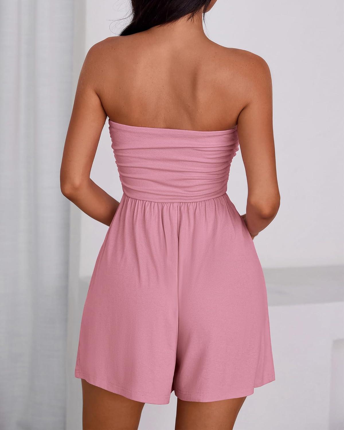 imageBTFBM Womens Romper 2026 Spring Summer Strapless Tube Tops Beach Vacation Clothes Boho Loose Shorts Jumpsuits PocketsPink