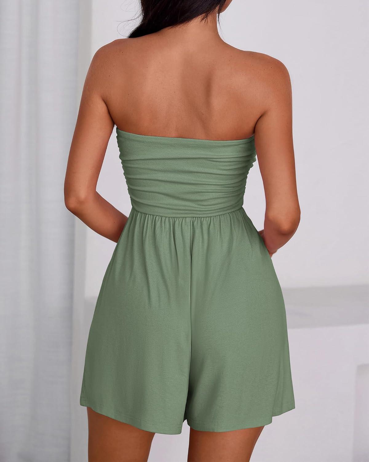 imageBTFBM Womens Romper 2026 Spring Summer Strapless Tube Tops Beach Vacation Clothes Boho Loose Shorts Jumpsuits PocketsSage Green