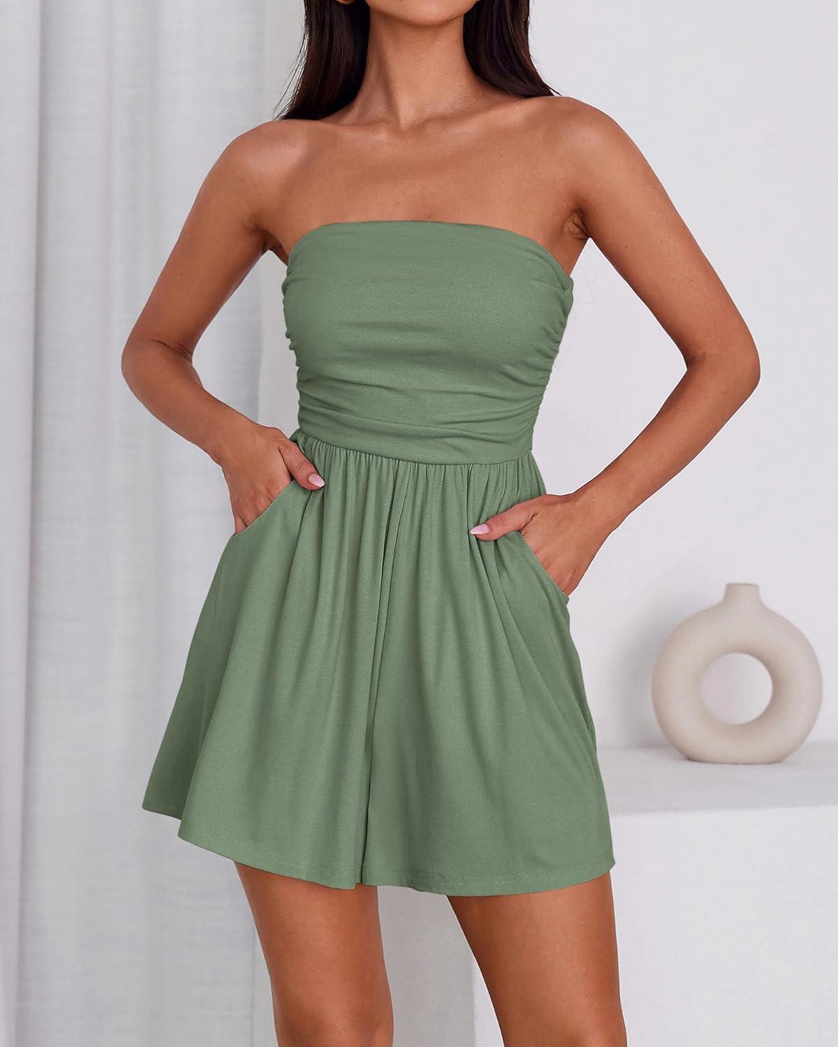 imageBTFBM Womens Romper 2026 Spring Summer Strapless Tube Tops Beach Vacation Clothes Boho Loose Shorts Jumpsuits PocketsSage Green