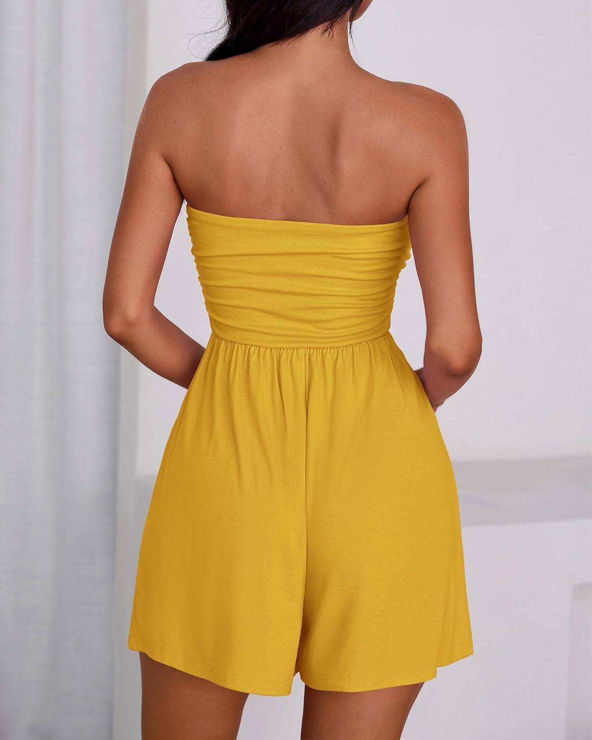 imageBTFBM Womens Romper 2026 Spring Summer Strapless Tube Tops Beach Vacation Clothes Boho Loose Shorts Jumpsuits PocketsYellow