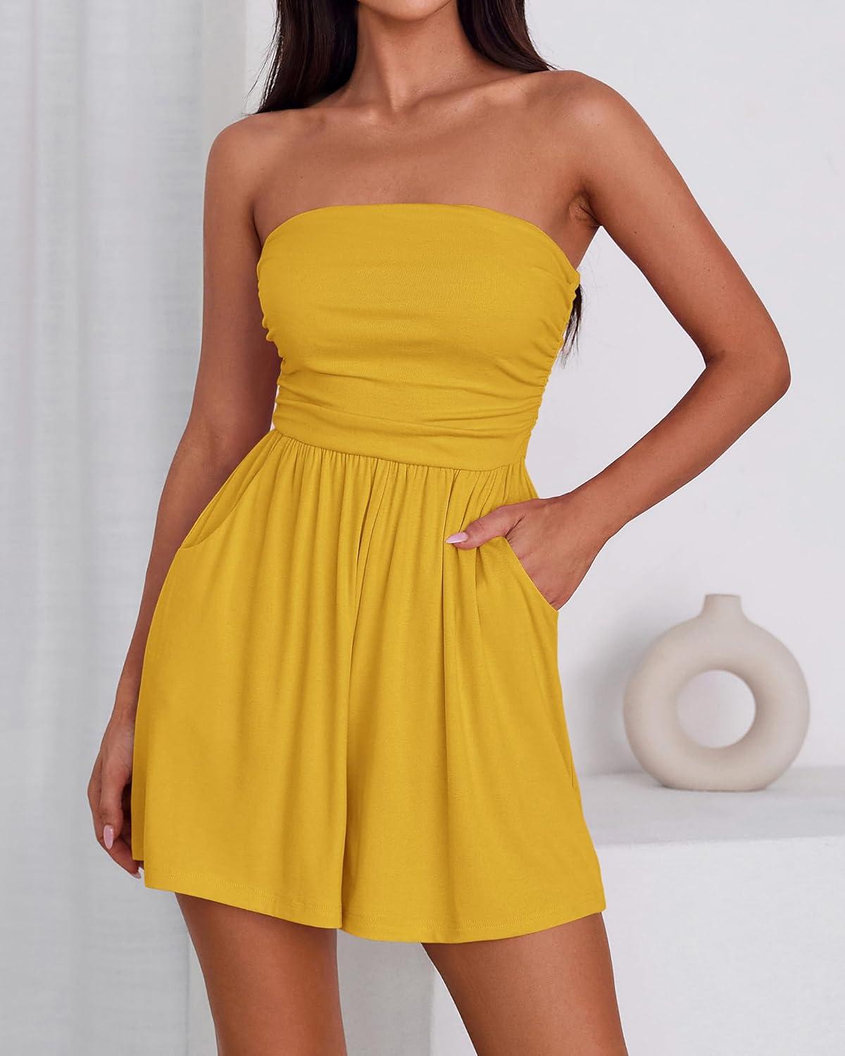 imageBTFBM Womens Romper 2026 Spring Summer Strapless Tube Tops Beach Vacation Clothes Boho Loose Shorts Jumpsuits PocketsYellow