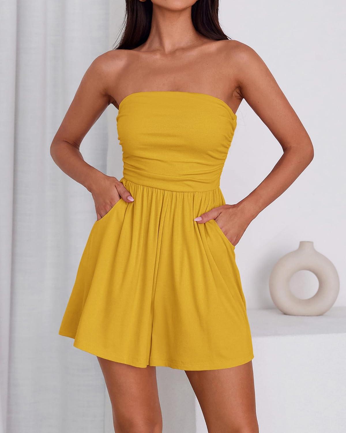 imageBTFBM Womens Romper 2026 Spring Summer Strapless Tube Tops Beach Vacation Clothes Boho Loose Shorts Jumpsuits PocketsYellow