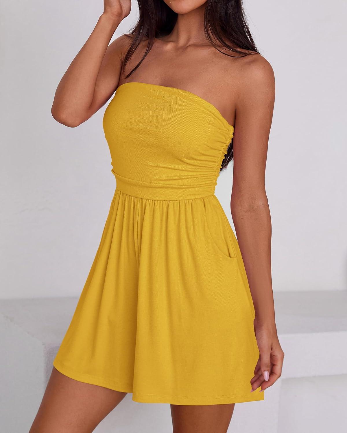 imageBTFBM Womens Romper 2026 Spring Summer Strapless Tube Tops Beach Vacation Clothes Boho Loose Shorts Jumpsuits PocketsYellow