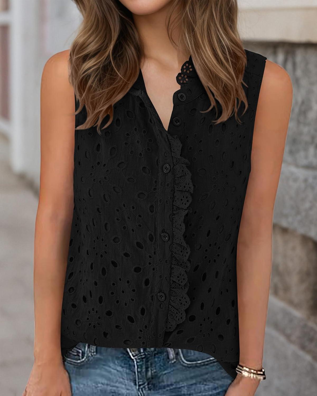 imageBTFBM Womens Sleeveless Button Down Shirts Ruffle V Neck Casual Hollow Out Eyelet Tops Boho Spring Vacation Blouse 2026Black