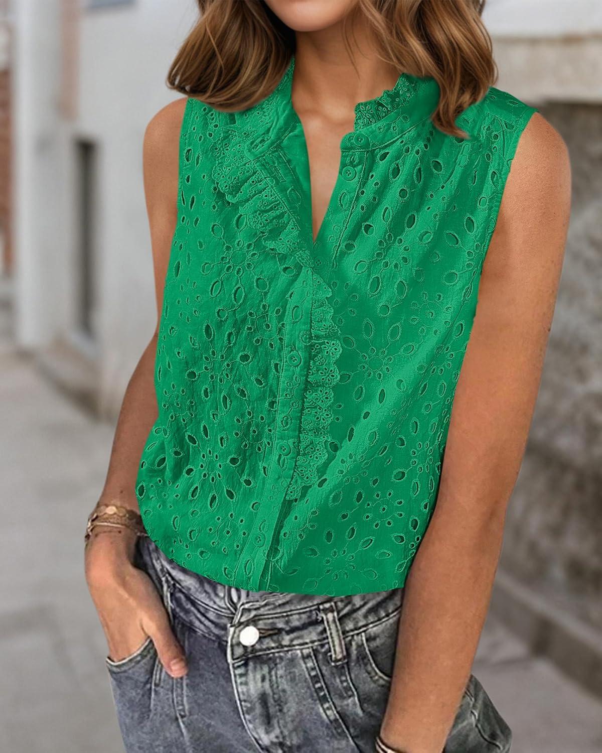 imageBTFBM Womens Sleeveless Button Down Shirts Ruffle V Neck Casual Hollow Out Eyelet Tops Boho Spring Vacation Blouse 2026Green