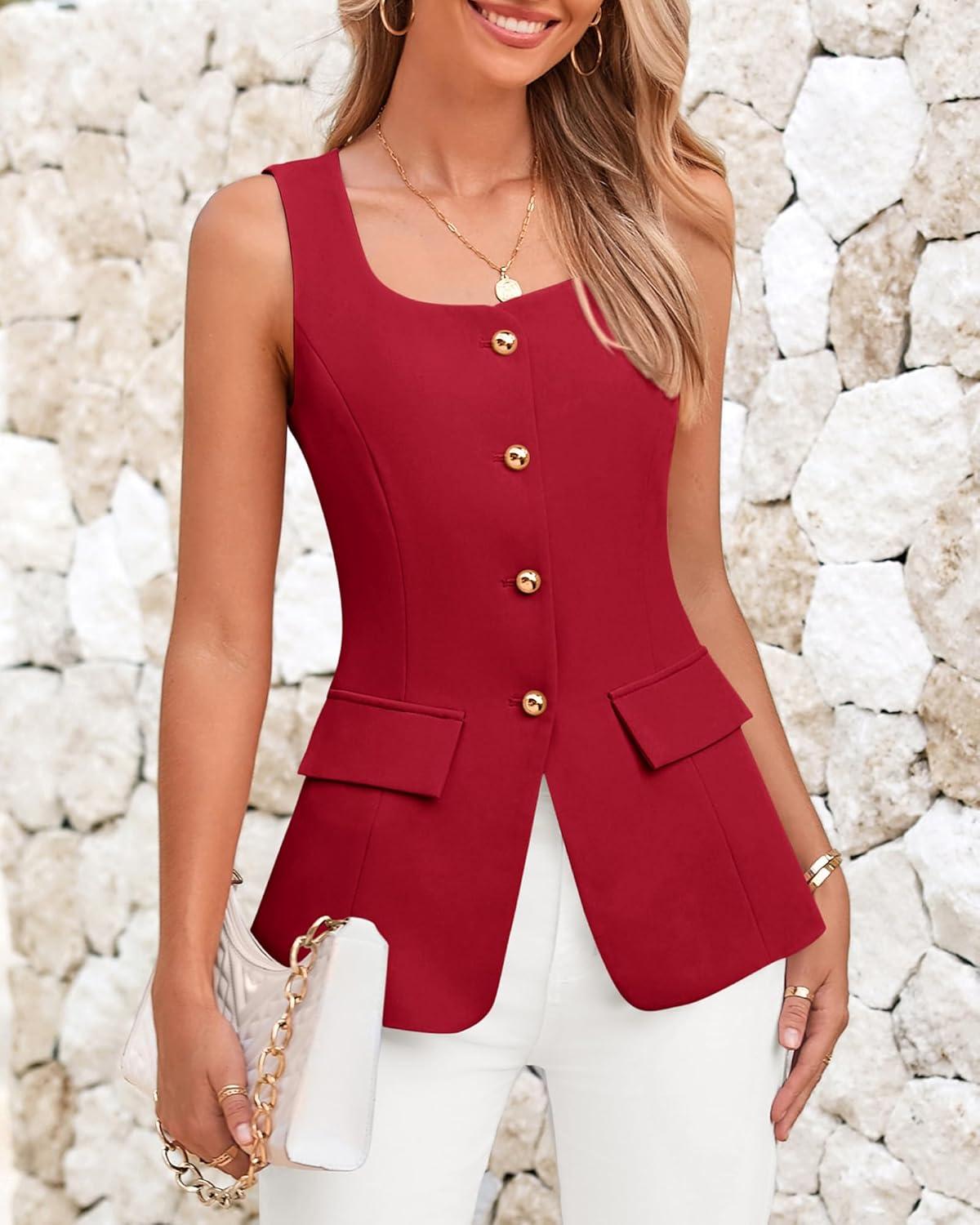imageBTFBM Womens Sleeveless Suit Vests Dressy Casual Square Neck Business Work Waistcoat Spring Button Blazer Vest Tops 2026Red
