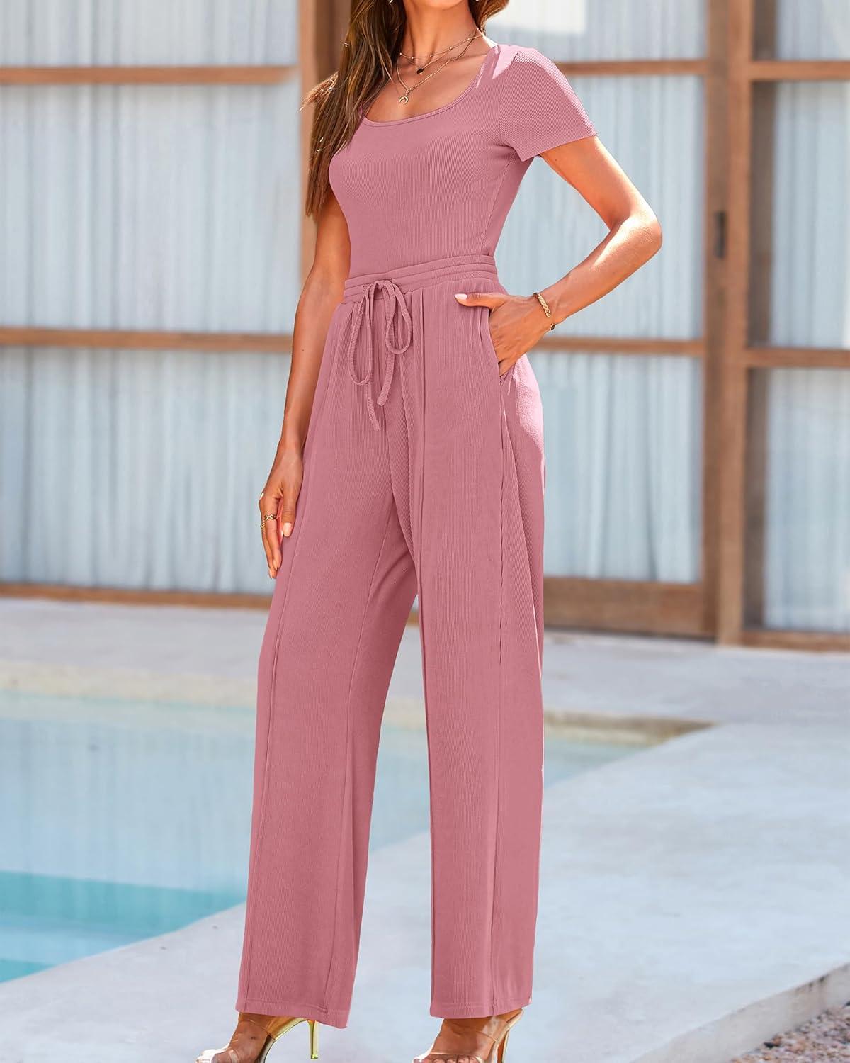 imageBTFBM Womens Spring 2 Piece Outfits 2026 Square Neck Short Sleeve Bodysuit Drawstring Pants Knit Lounge Matching SetsPink