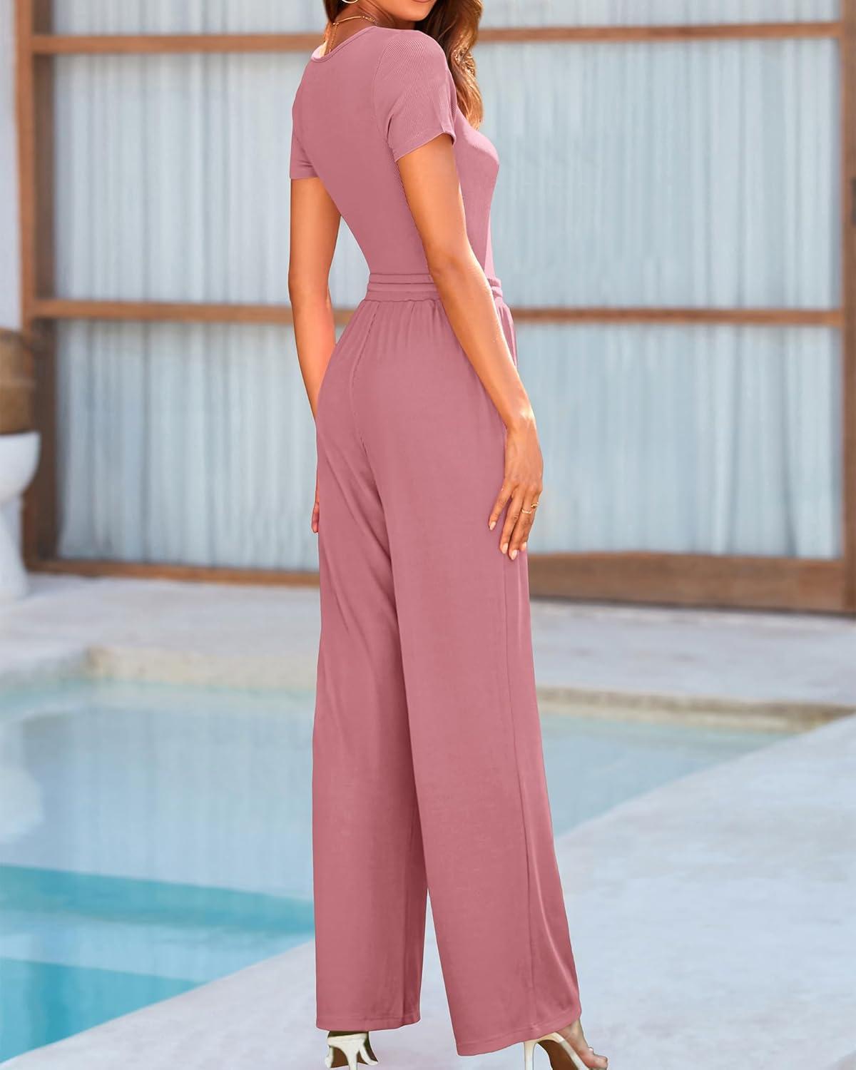 imageBTFBM Womens Spring 2 Piece Outfits 2026 Square Neck Short Sleeve Bodysuit Drawstring Pants Knit Lounge Matching SetsPink