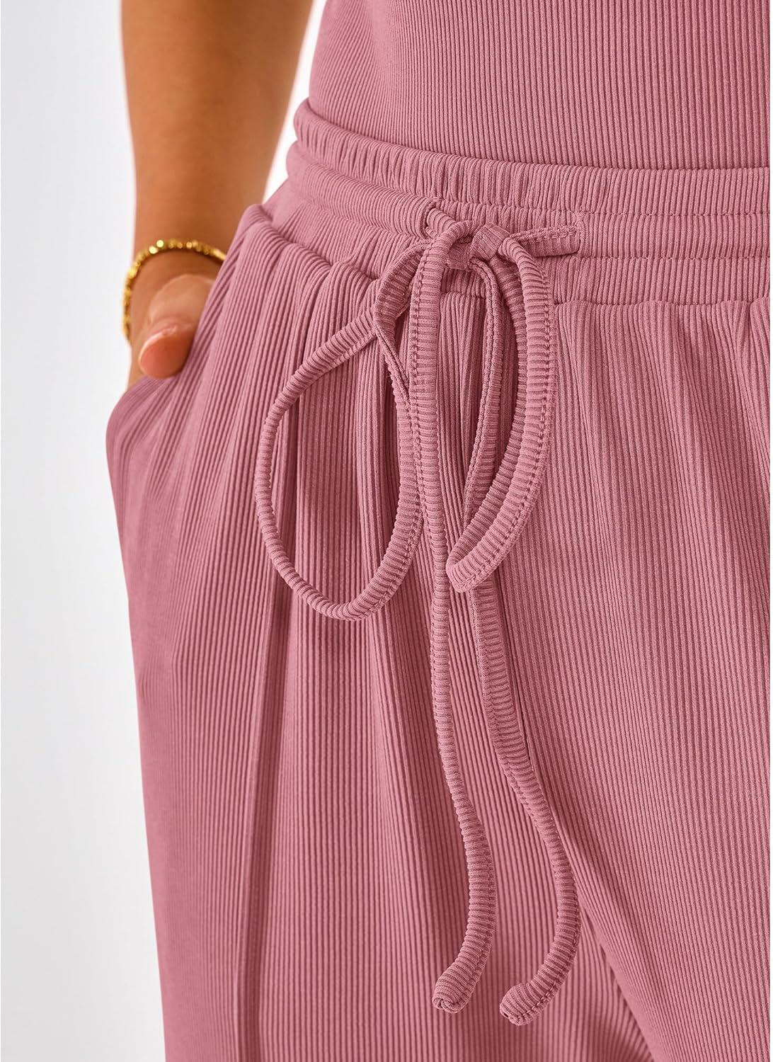imageBTFBM Womens Spring 2 Piece Outfits 2026 Square Neck Short Sleeve Bodysuit Drawstring Pants Knit Lounge Matching SetsPink