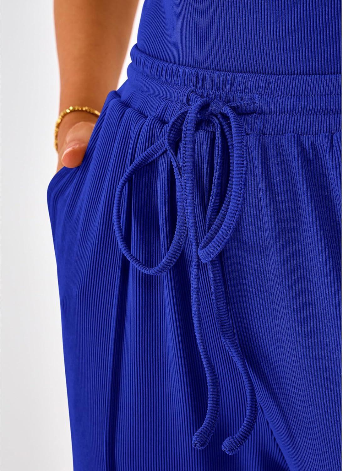 imageBTFBM Womens Spring 2 Piece Outfits 2026 Square Neck Short Sleeve Bodysuit Drawstring Pants Knit Lounge Matching SetsRoyal Blue