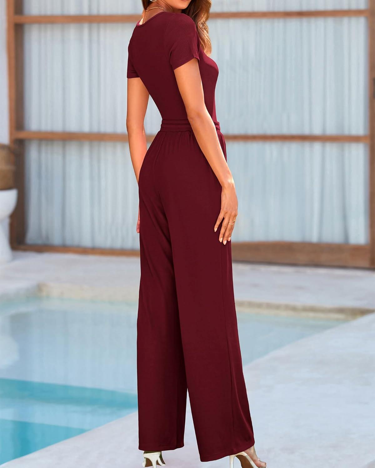 imageBTFBM Womens Spring 2 Piece Outfits 2026 Square Neck Short Sleeve Bodysuit Drawstring Pants Knit Lounge Matching SetsWine Red