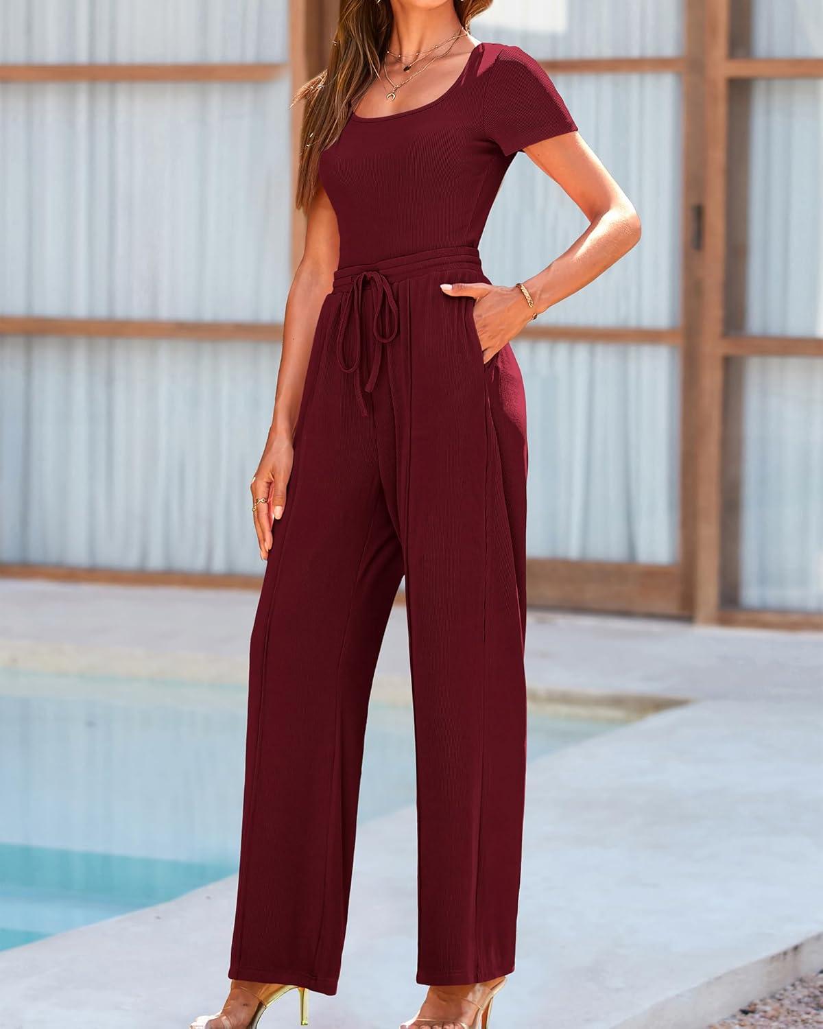 imageBTFBM Womens Spring 2 Piece Outfits 2026 Square Neck Short Sleeve Bodysuit Drawstring Pants Knit Lounge Matching SetsWine Red