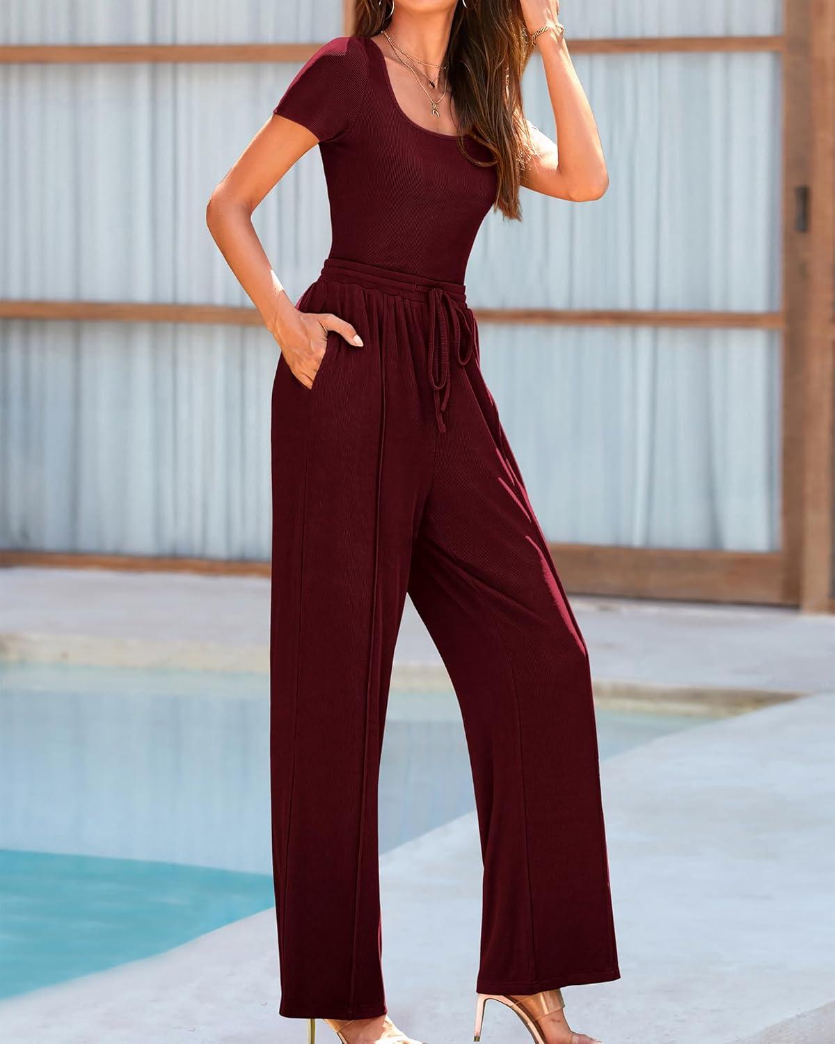 imageBTFBM Womens Spring 2 Piece Outfits 2026 Square Neck Short Sleeve Bodysuit Drawstring Pants Knit Lounge Matching SetsWine Red