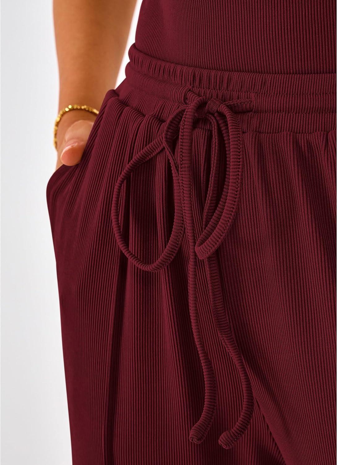 imageBTFBM Womens Spring 2 Piece Outfits 2026 Square Neck Short Sleeve Bodysuit Drawstring Pants Knit Lounge Matching SetsWine Red
