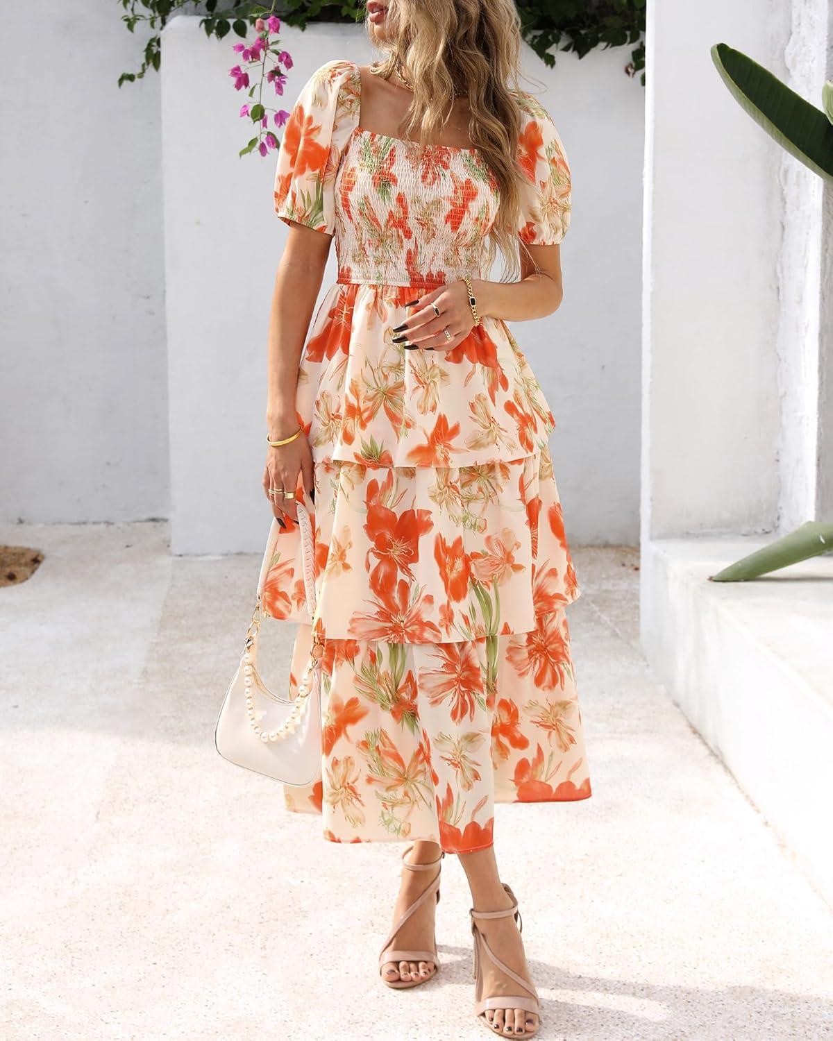 imageBTFBM Womens Square Neck Smocked Dress Summer Puff Short Sleeve Floral Casual Ruffle Tiered Maxi Wedding Guest DressesFloral Apricot Orange