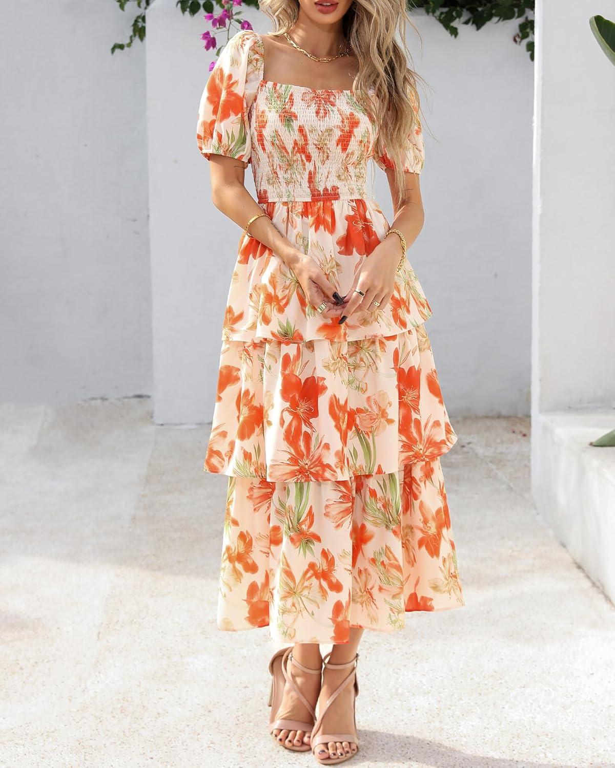 imageBTFBM Womens Square Neck Smocked Dress Summer Puff Short Sleeve Floral Casual Ruffle Tiered Maxi Wedding Guest DressesFloral Apricot Orange