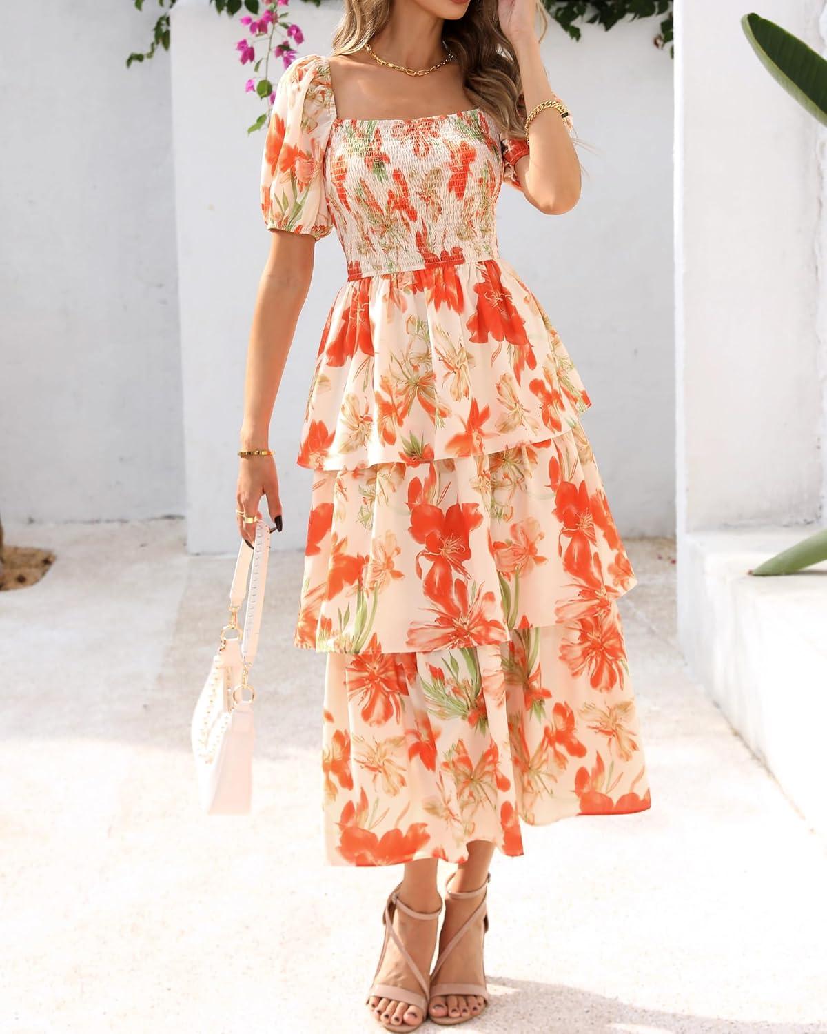 imageBTFBM Womens Square Neck Smocked Dress Summer Puff Short Sleeve Floral Casual Ruffle Tiered Maxi Wedding Guest DressesFloral Apricot Orange