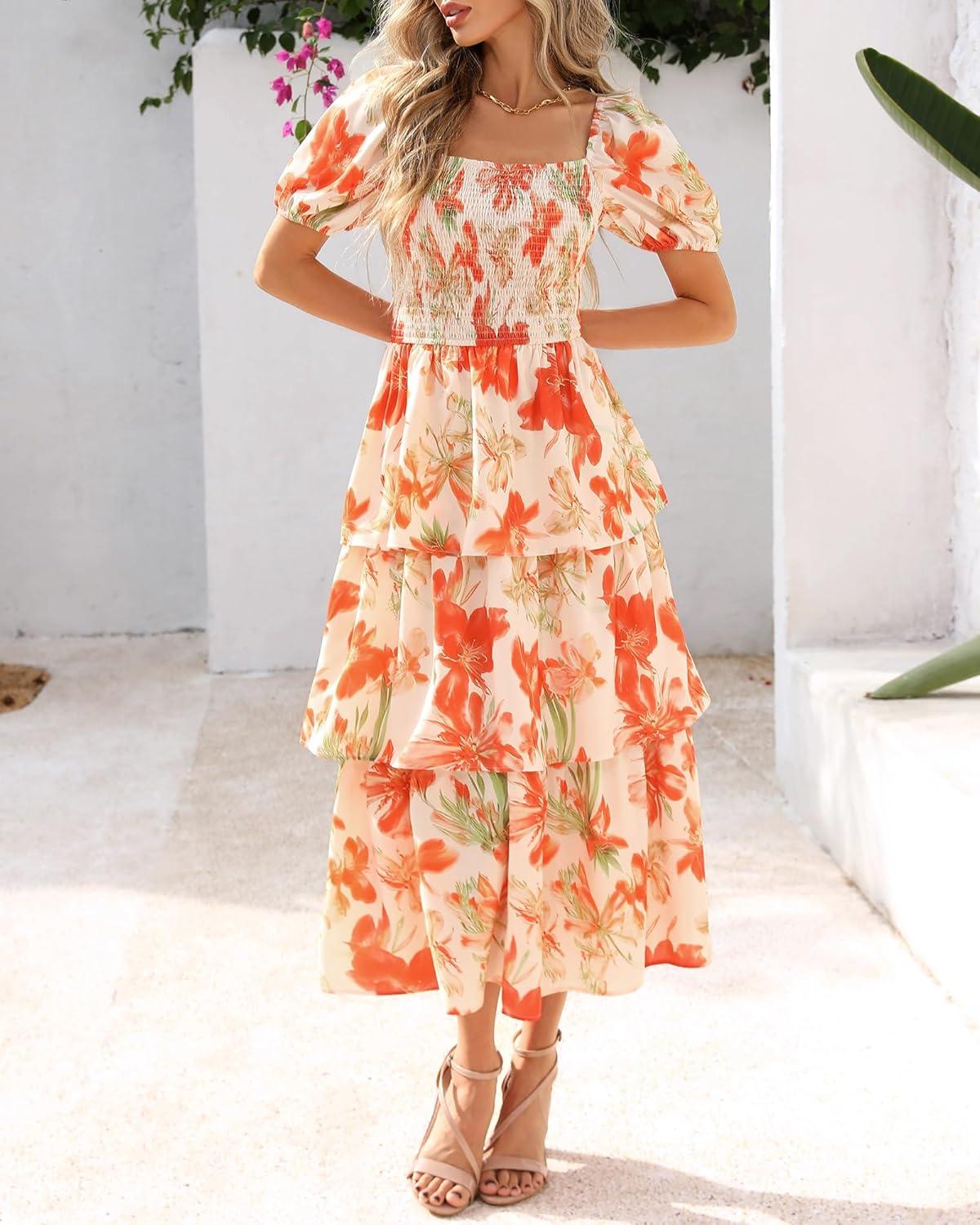 imageBTFBM Womens Square Neck Smocked Dress Summer Puff Short Sleeve Floral Casual Ruffle Tiered Maxi Wedding Guest DressesFloral Apricot Orange