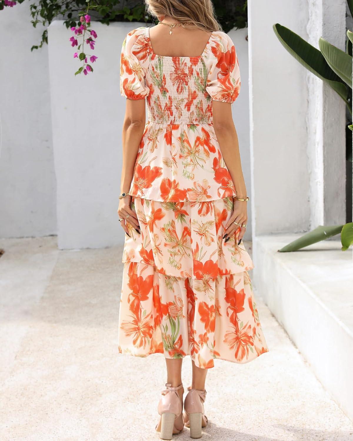 imageBTFBM Womens Square Neck Smocked Dress Summer Puff Short Sleeve Floral Casual Ruffle Tiered Maxi Wedding Guest DressesFloral Apricot Orange